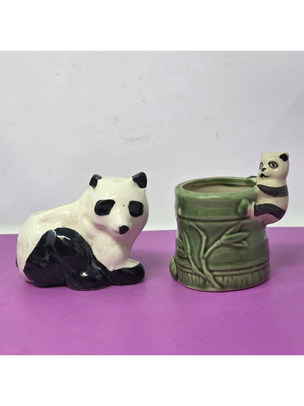 Hand-Painted Panda Ceramic Planters Set Of 2 Green Bamboo & Sitting Panda Design